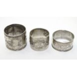 Assorted napkin rings comprising 2 Continental silver examples and a silver plate example.