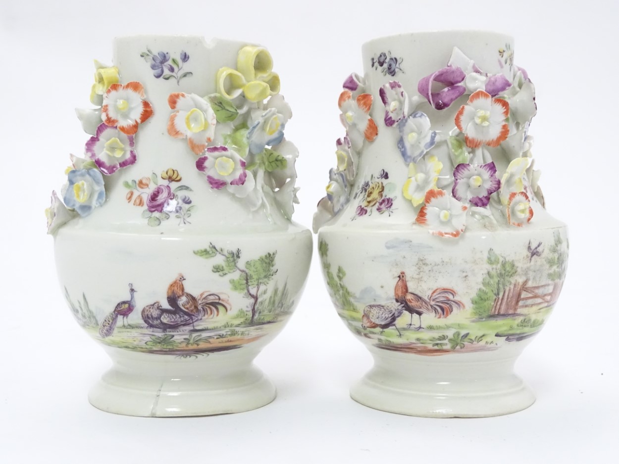 Two rare mid 18thC Derby flower encrusted vases of pear shape, - Image 3 of 9