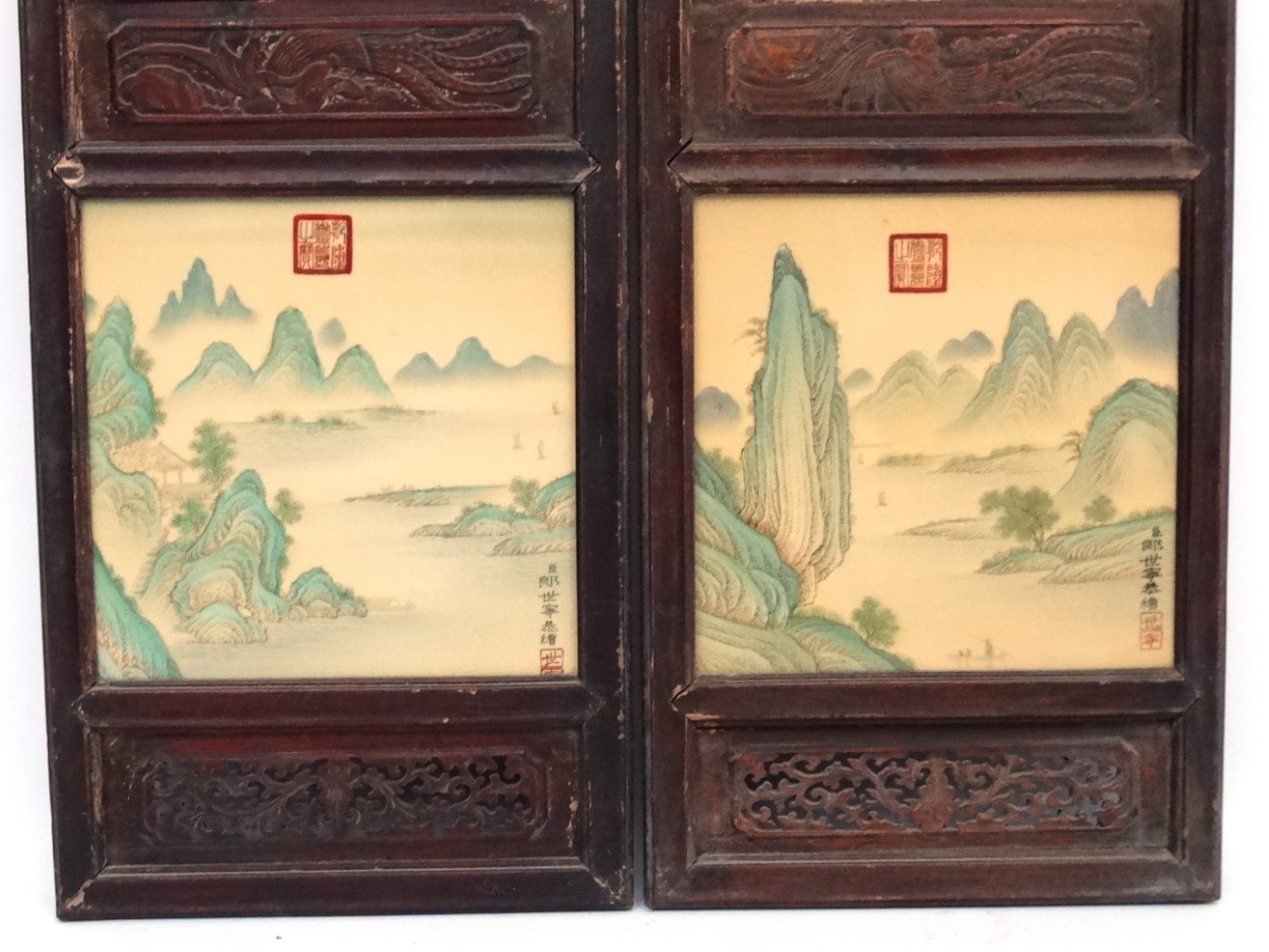 A large pair of Chinese ceramic panels in wooden frames, - Image 8 of 9