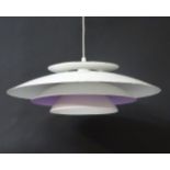 Vintage Retro : a Danish ' Form-light ' pendant hanging light / lamp with white livery and violet