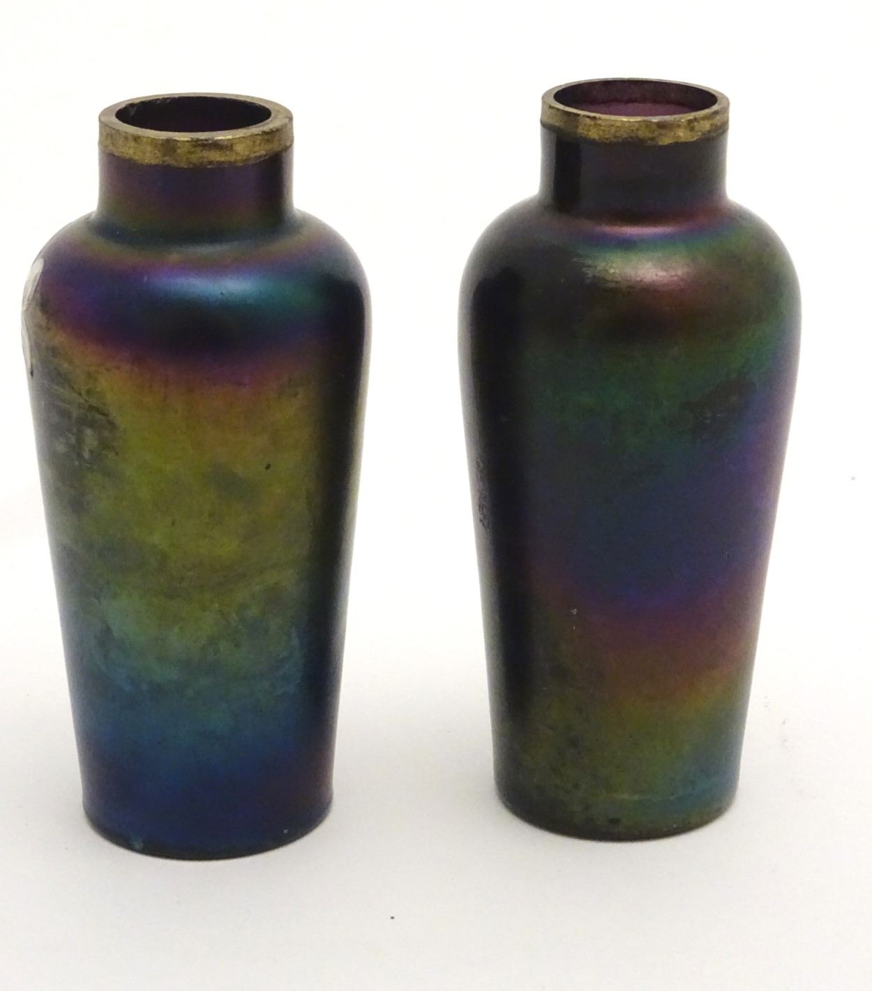 Victorian Glass : a pair of iridescent glass vases with hand painted flower decoration and gilt - Image 4 of 5
