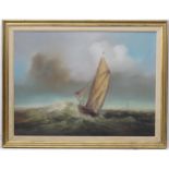 Indistinctly signed Marine School mid XX, Oil on canvas, Fishing boat in rough seas,