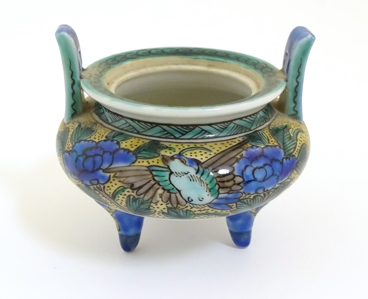 A Chinese three legged, two handled censer, decorated with a bird and flowers. - Image 4 of 7