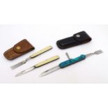 Militaria: Field cutlery to include a leather-cased folding knife and fork with ivorine handles,