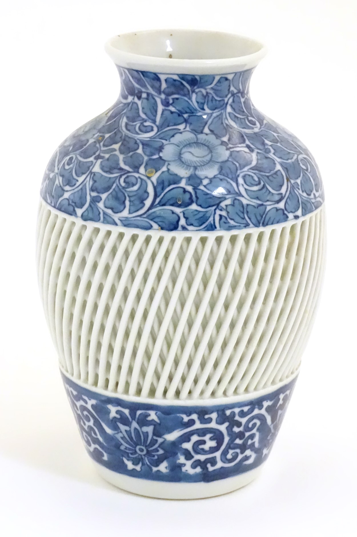 A blue and white Chinese baluster vase decorated with a floral pattern and a reticulated banded - Image 4 of 11