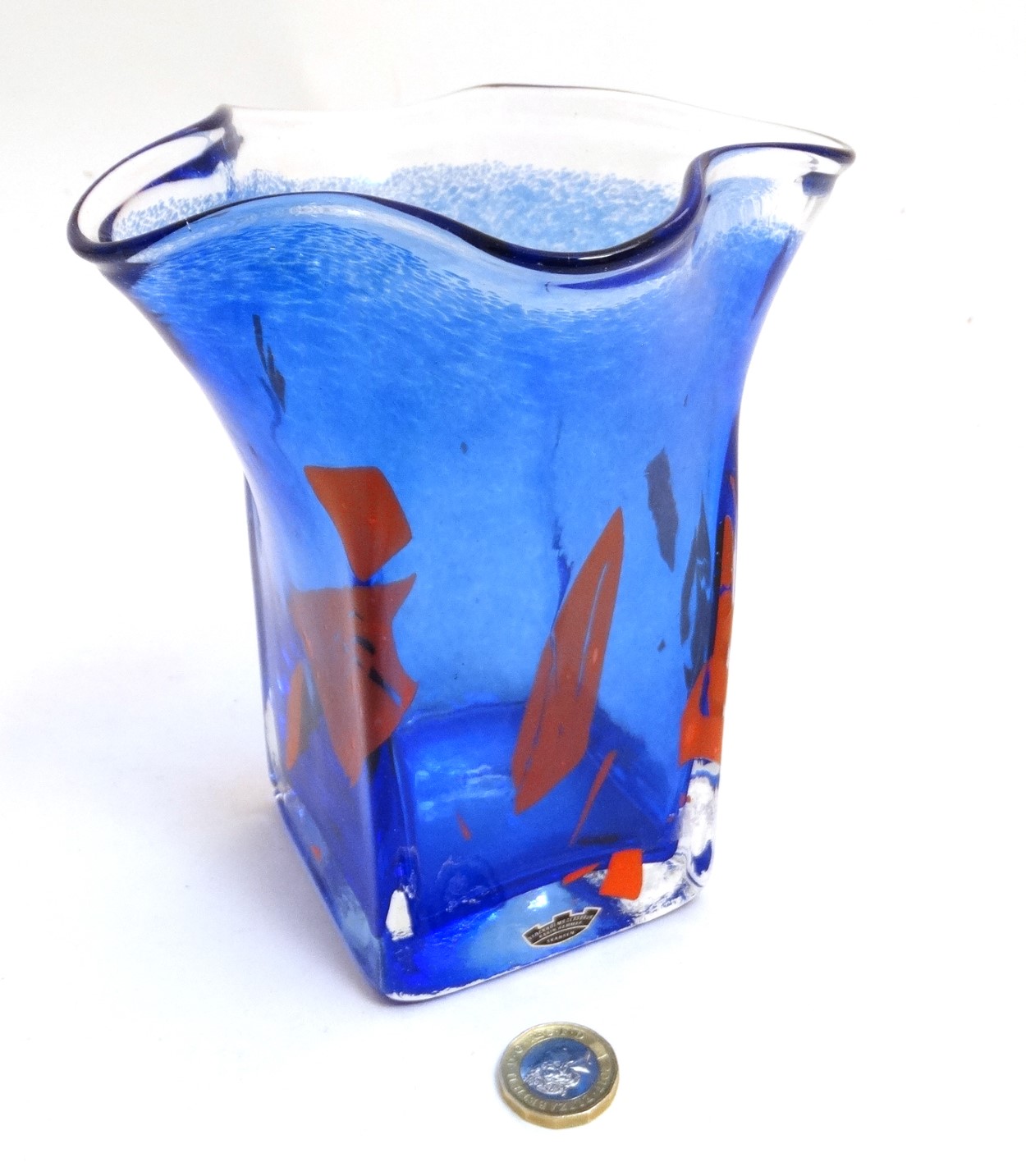 Scandinavian Studio Art glass: A blue squared vase with frilled rim and red detail by Stockholms - Image 7 of 10