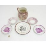 A quantity of 19thC Sunderland pink lustre items comprising a water jug with marbleized effect