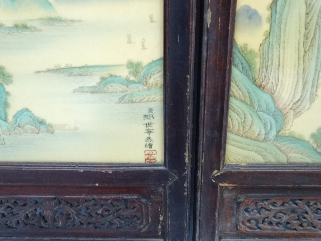 A large pair of Chinese ceramic panels in wooden frames, - Image 9 of 9