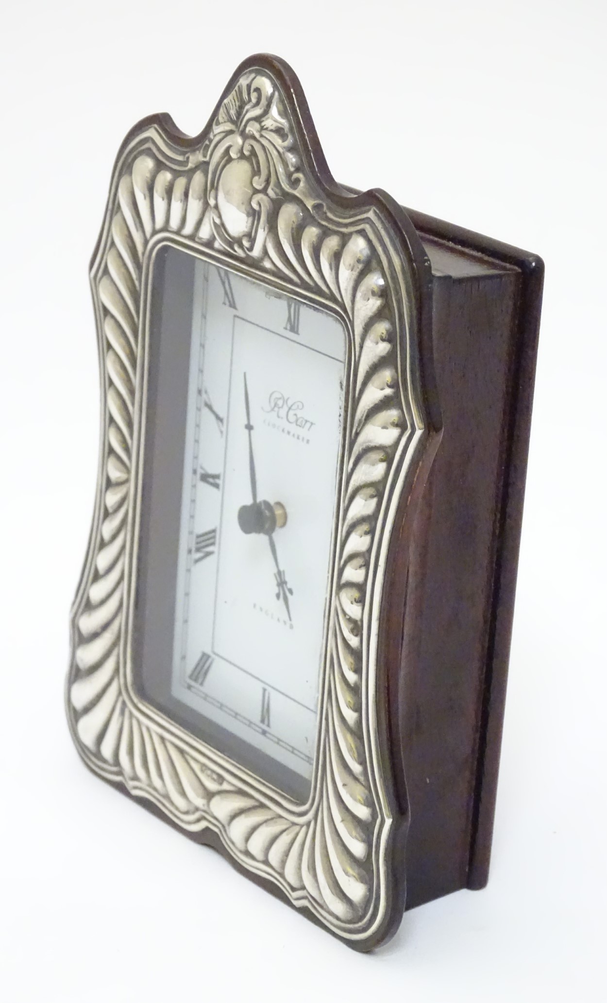 A small wooden cased mantle clock with silver surround hallmarked Sheffield 1989 maker Carrs of - Image 4 of 6