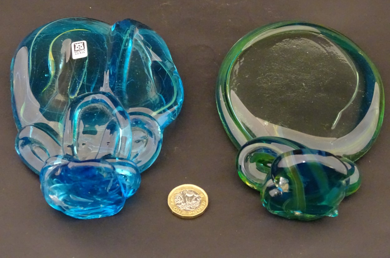 Mdina glass : two free form sculptures intypical colours , one labelled ,