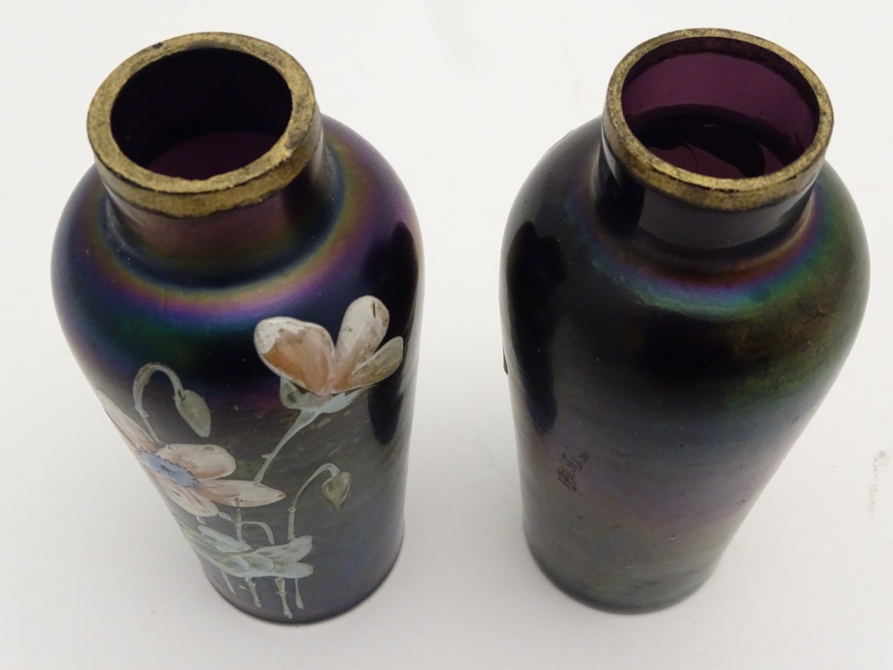 Victorian Glass : a pair of iridescent glass vases with hand painted flower decoration and gilt - Image 3 of 5