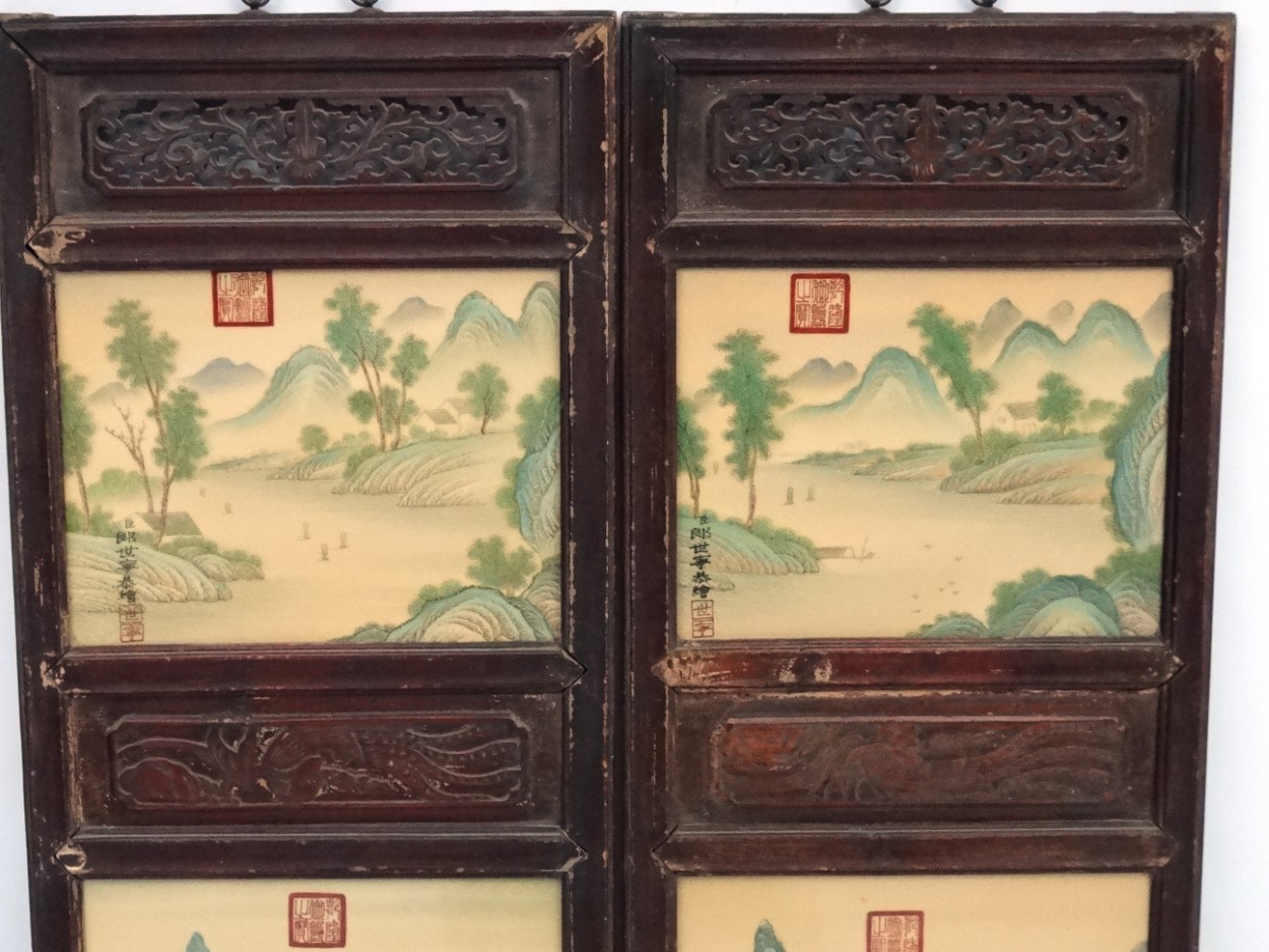 A large pair of Chinese ceramic panels in wooden frames, - Image 7 of 9