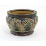 A later 19th/early 20thC small stoneware pot/table salt, with metal rim. In the manner of Doulton.