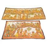 Two Balinese hand painted wall hangings on handmade linen paper, depicting various deities.