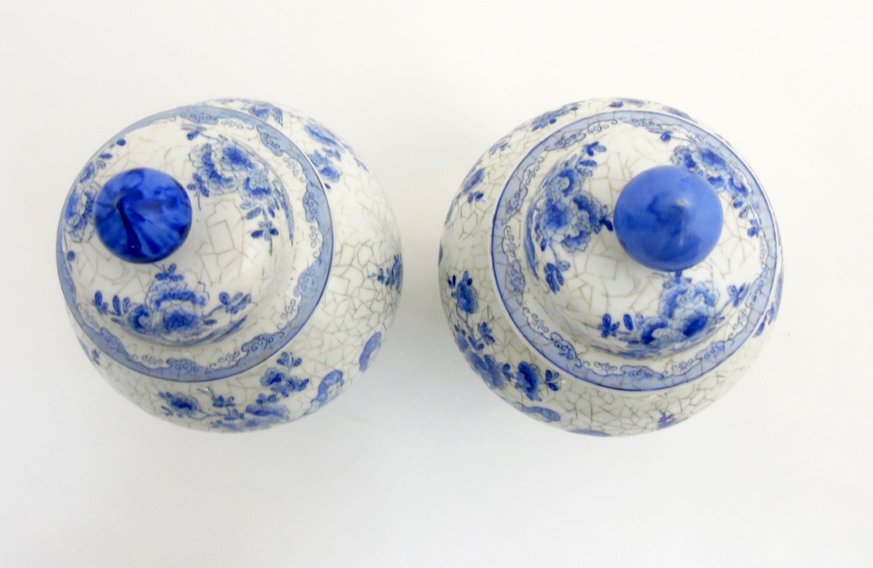 A pair of Maitland Smith blue and white Oriental lidded vases with craquelure style decoration, - Image 6 of 9