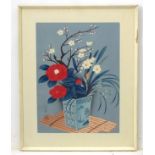 Japanese wood block, Still life of peonies and prunus etc, Bears facsimile signature lower left.