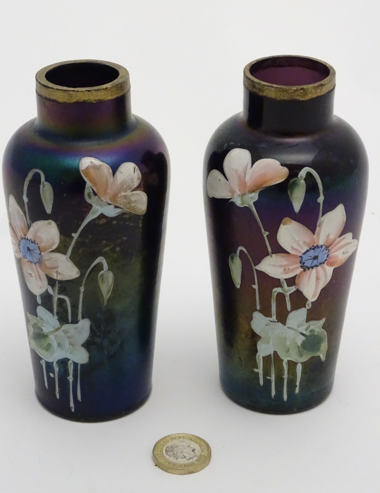 Victorian Glass : a pair of iridescent glass vases with hand painted flower decoration and gilt