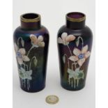 Victorian Glass : a pair of iridescent glass vases with hand painted flower decoration and gilt