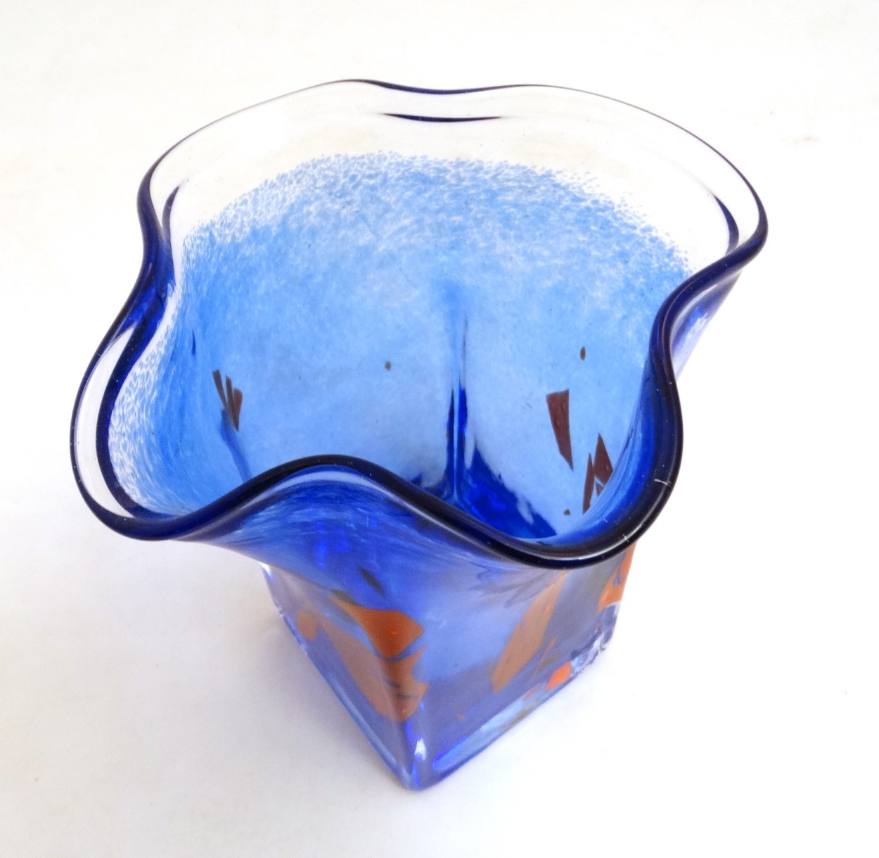 Scandinavian Studio Art glass: A blue squared vase with frilled rim and red detail by Stockholms - Image 3 of 10