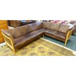 Vintage Retro : A Danish brown Leather Corner Sofa by Stouby, marked , with blonde beech frame ,