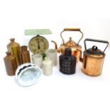 A box containing a quantity of assorted items to include a coper and brass stove kettle,