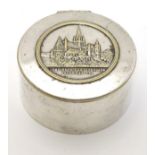 A silver plated lidded pot with image to top depicting Nidaros Cathedral Norway and titled '