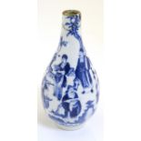 An 18thC Chinese Tianqiu pear-shaped blue and white vase with figures in a pagoda garden setting at