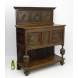 17 thC and later oak court cupboard , with panelled top section ,