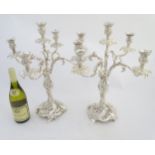 A pair of 21stC ornate silver plate 5 branch candelabra / candelabrum 19" high