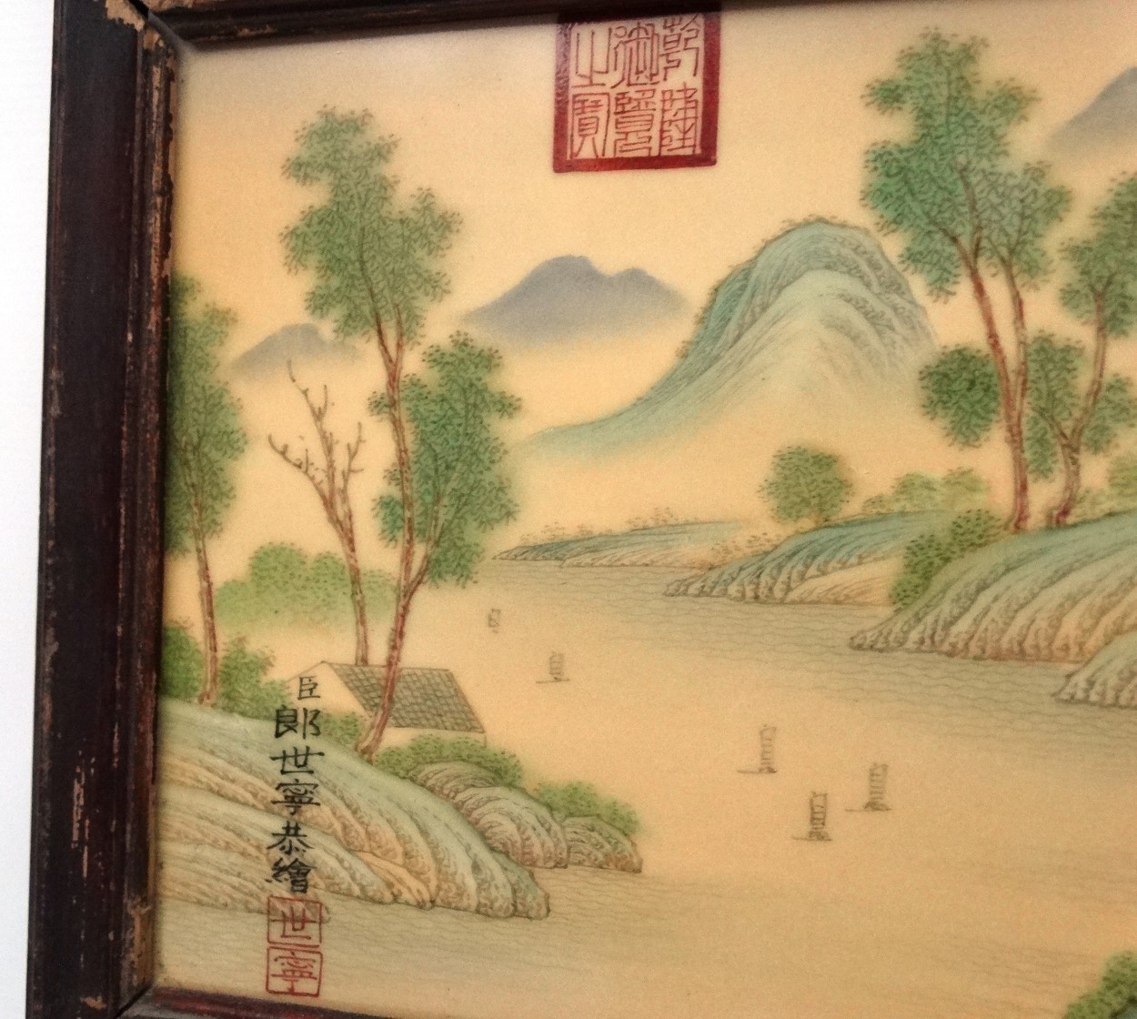 A large pair of Chinese ceramic panels in wooden frames, - Image 2 of 9