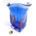 Scandinavian Studio Art glass: A blue squared vase with frilled rim and red detail by Stockholms