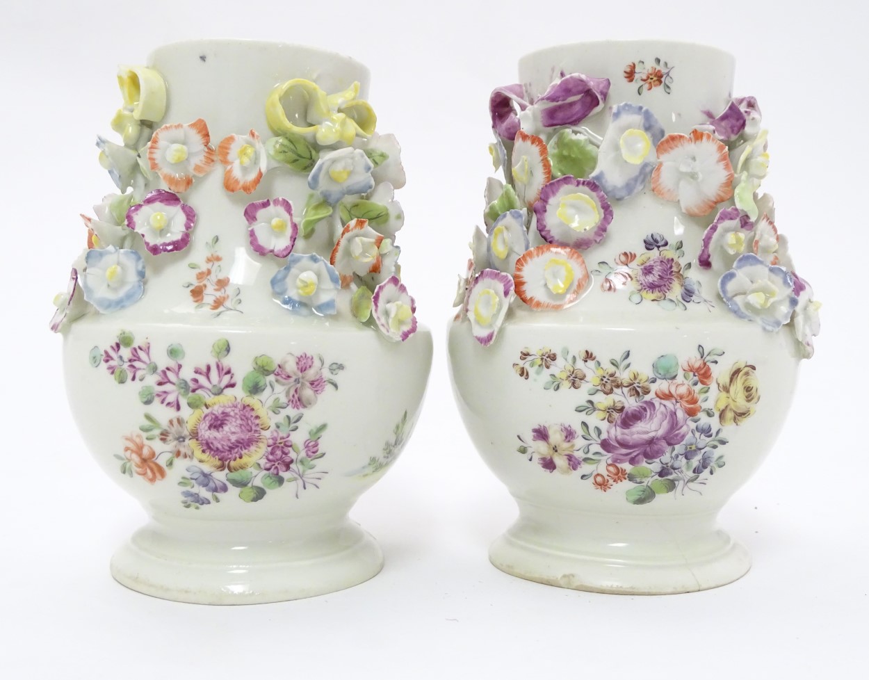 Two rare mid 18thC Derby flower encrusted vases of pear shape, - Image 7 of 9