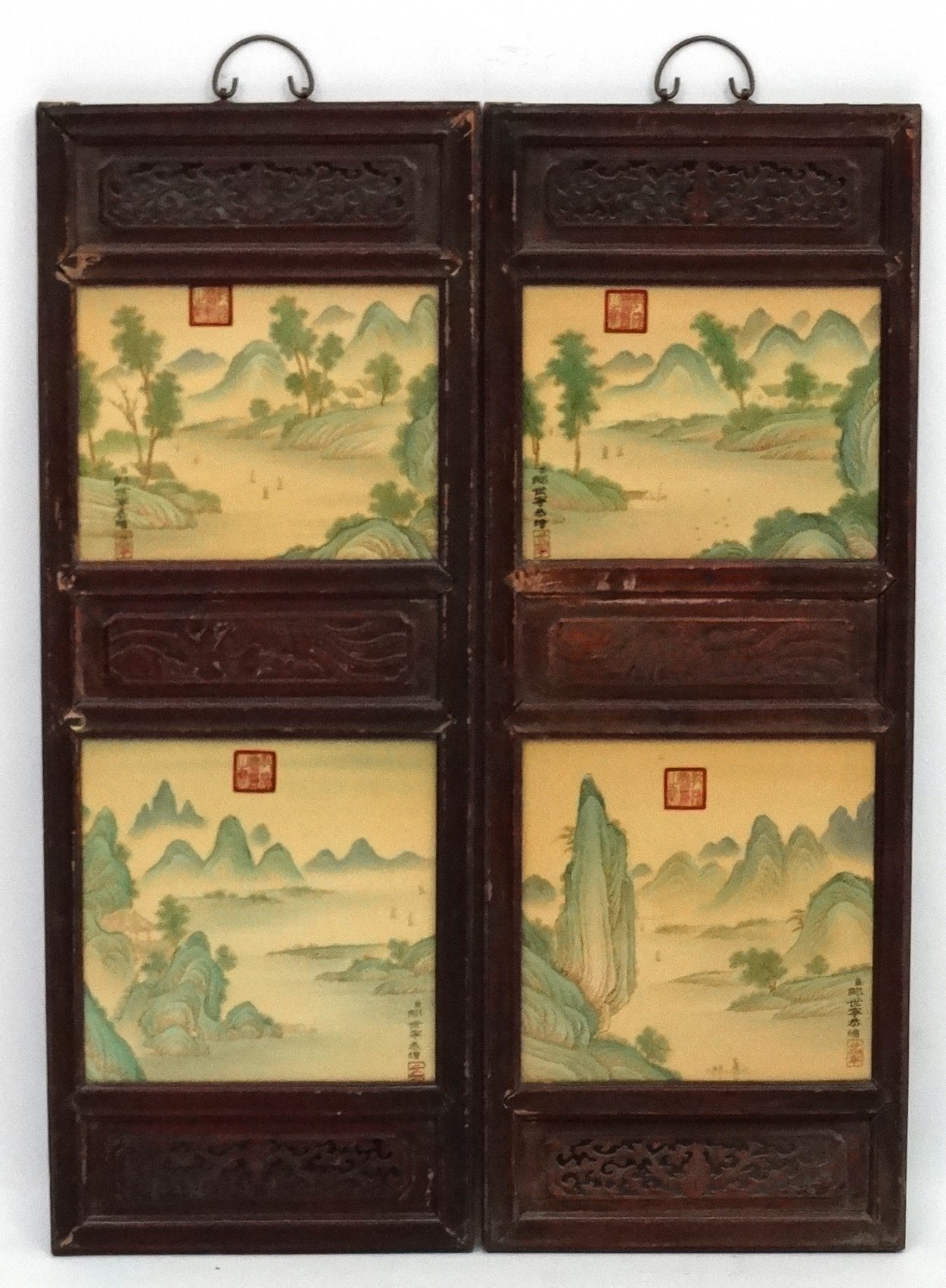 A large pair of Chinese ceramic panels in wooden frames, - Image 6 of 9