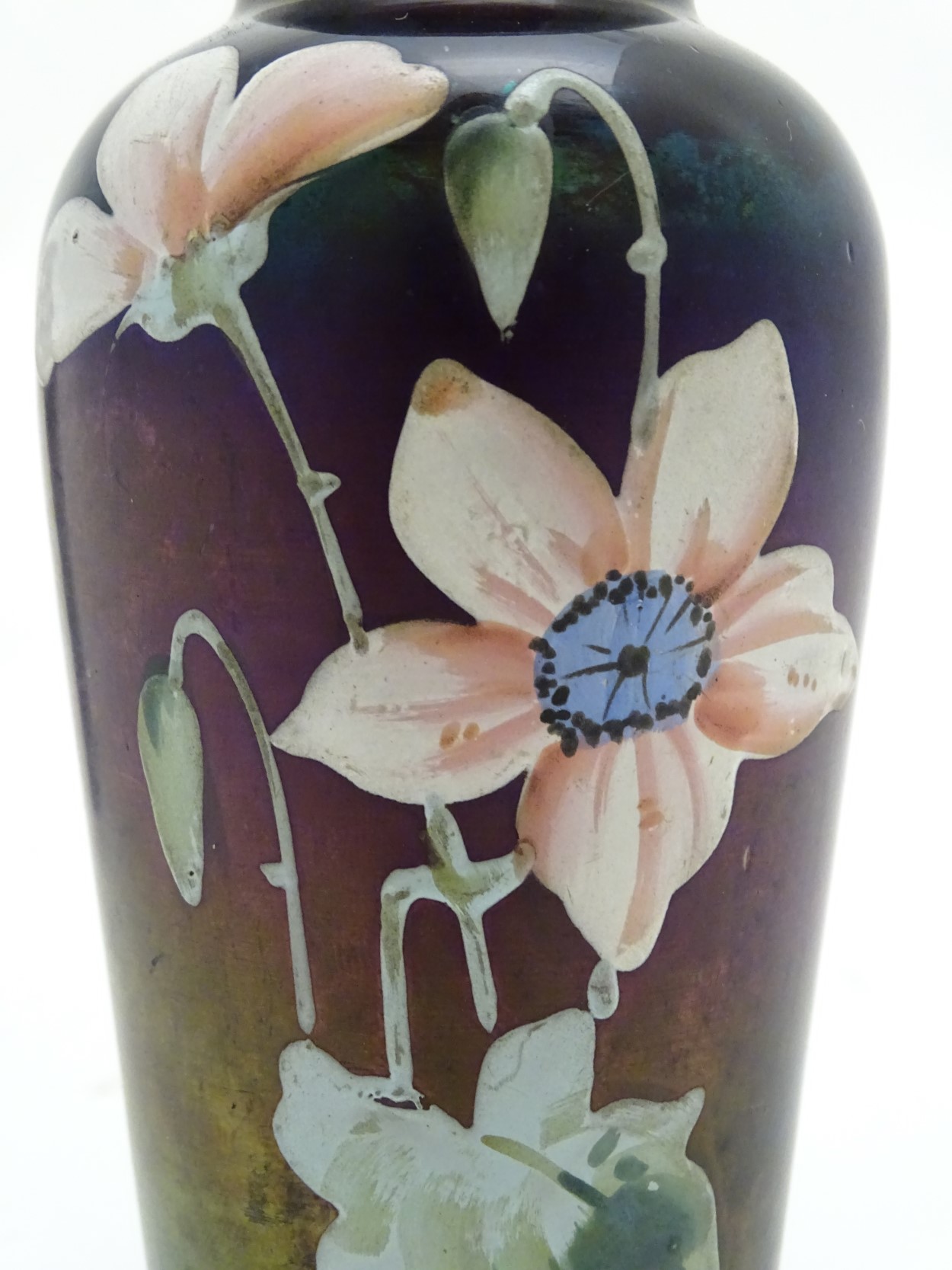 Victorian Glass : a pair of iridescent glass vases with hand painted flower decoration and gilt - Image 5 of 5