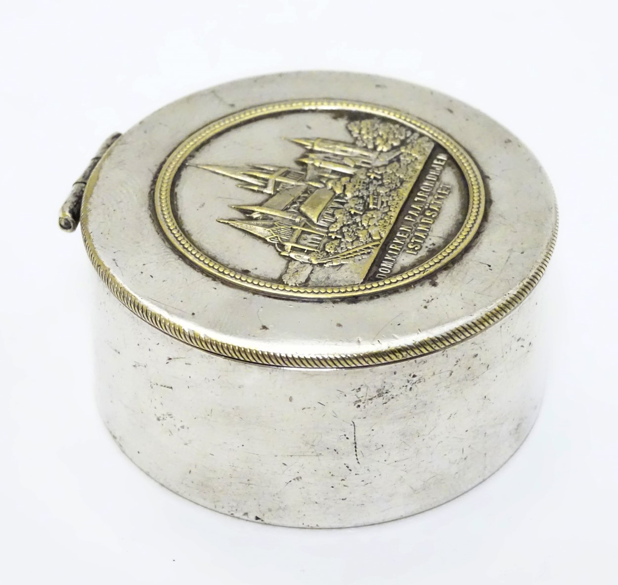 A silver plated lidded pot with image to top depicting Nidaros Cathedral Norway and titled ' - Image 3 of 5