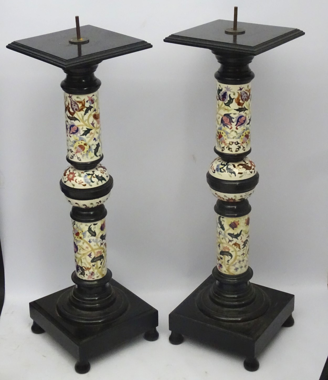 A pair of early 20thC columns/stands in the Zsolnay faience style, - Image 3 of 14