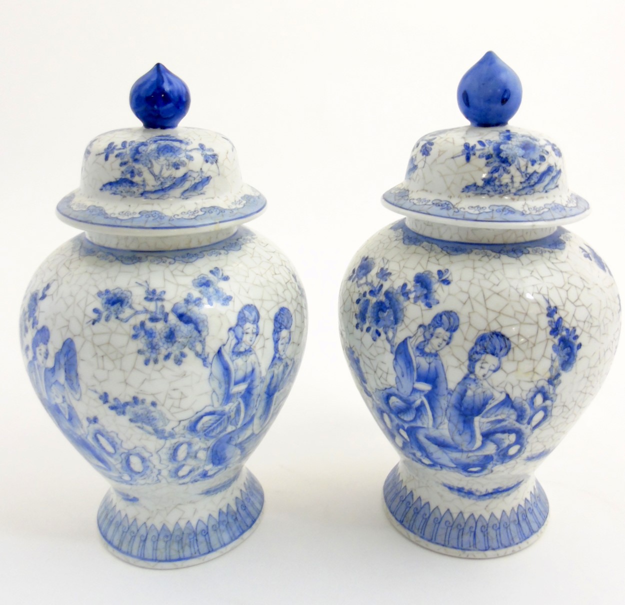 A pair of Maitland Smith blue and white Oriental lidded vases with craquelure style decoration, - Image 4 of 9