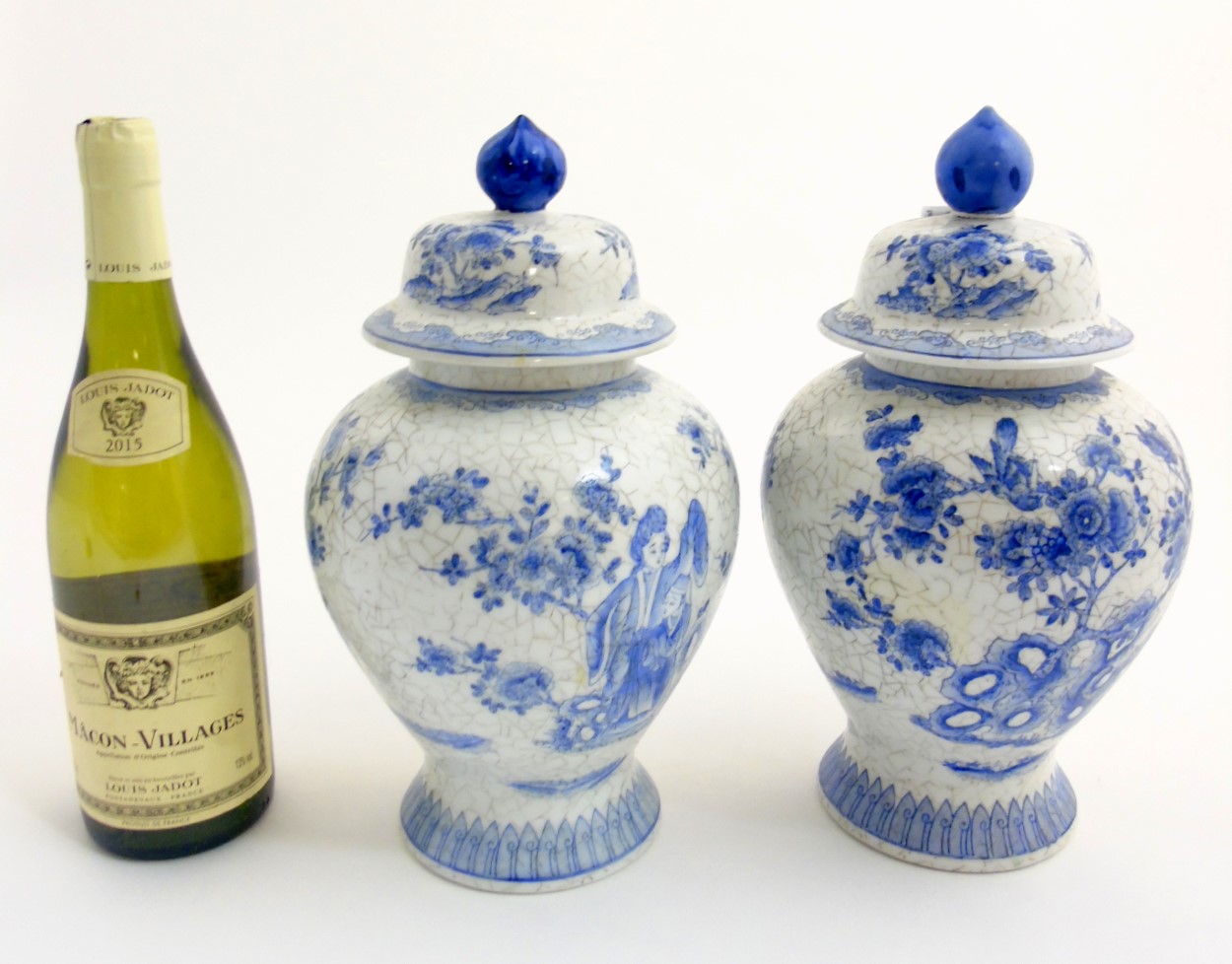 A pair of Maitland Smith blue and white Oriental lidded vases with craquelure style decoration, - Image 3 of 9