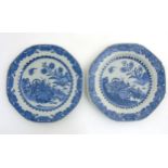 Two Chinese blue and white octagonal plates with canted corners,