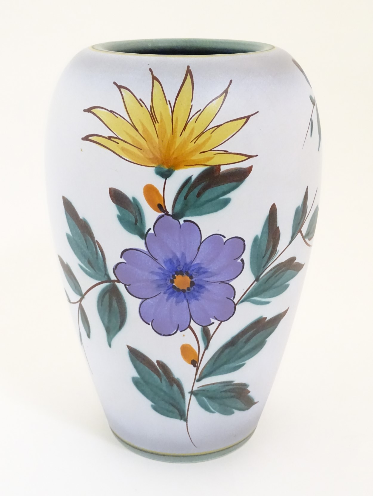 A Viola pattern Gouda vase. Marked under 1493, Flora Gouda, Holland, Viola. Height: approx.