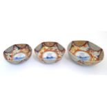 A graduated set of three hexagonal Japanese Fukagawa Seiji bowls decorated with stylised cranes