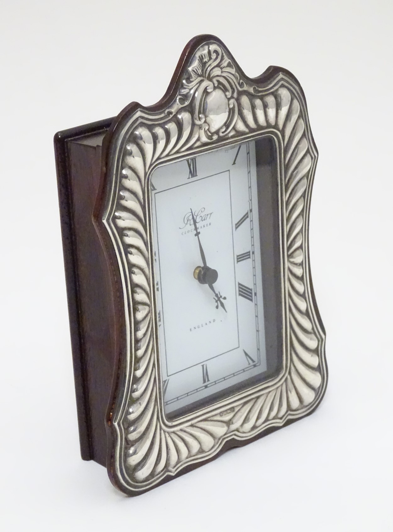 A small wooden cased mantle clock with silver surround hallmarked Sheffield 1989 maker Carrs of - Image 3 of 6