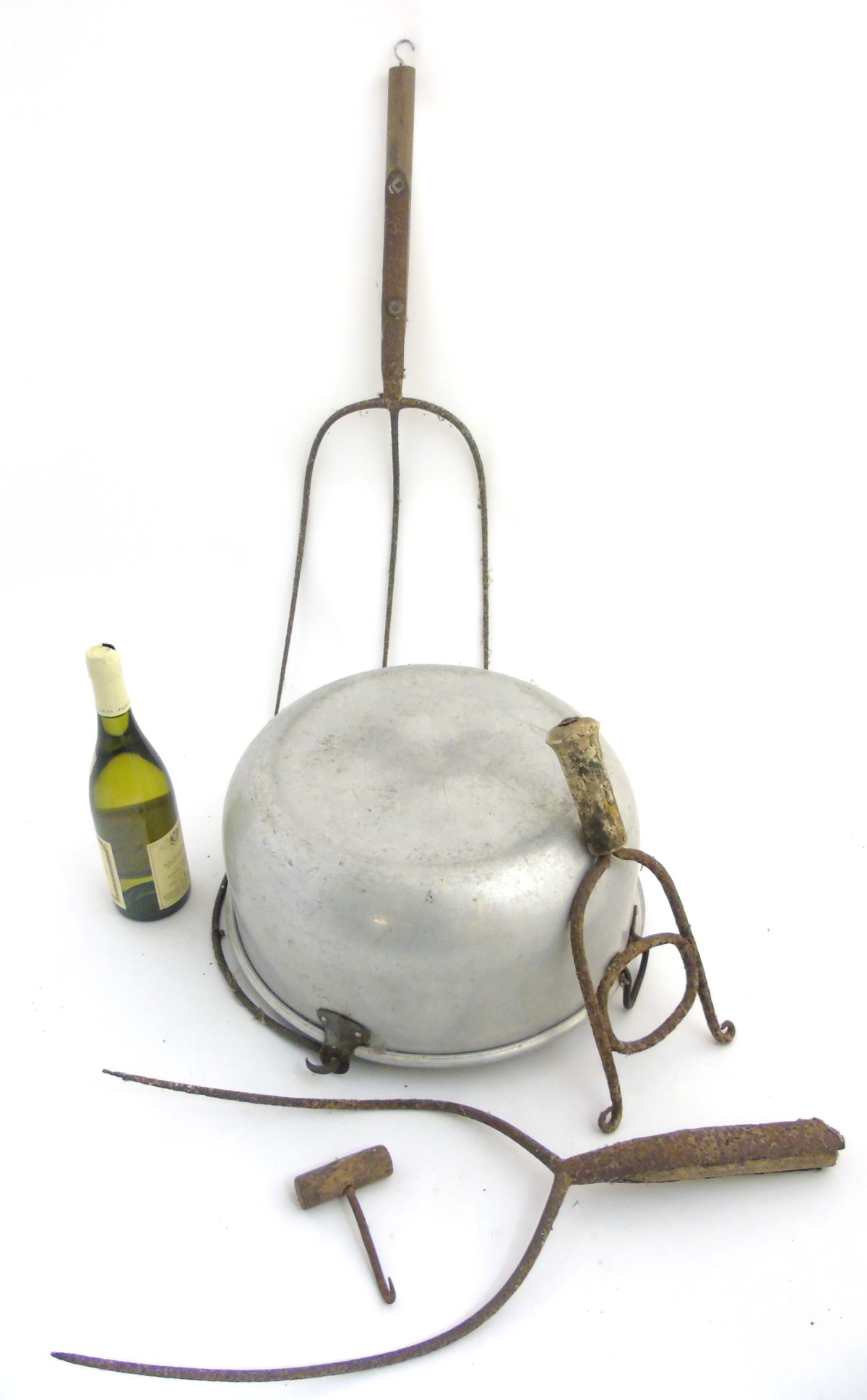 Vintage Agricultural tools : A creamer with lid , wrought iron stirrer , bale / wad hook , - Image 2 of 4