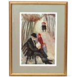 A Botham XX, Limited edition coloured print 278/975, Park bench and figures,