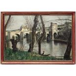 Ena D Biddle after Camille Corot, Oil on Artist's Board, ' The Bridge at Nantes ', Labelled verso.