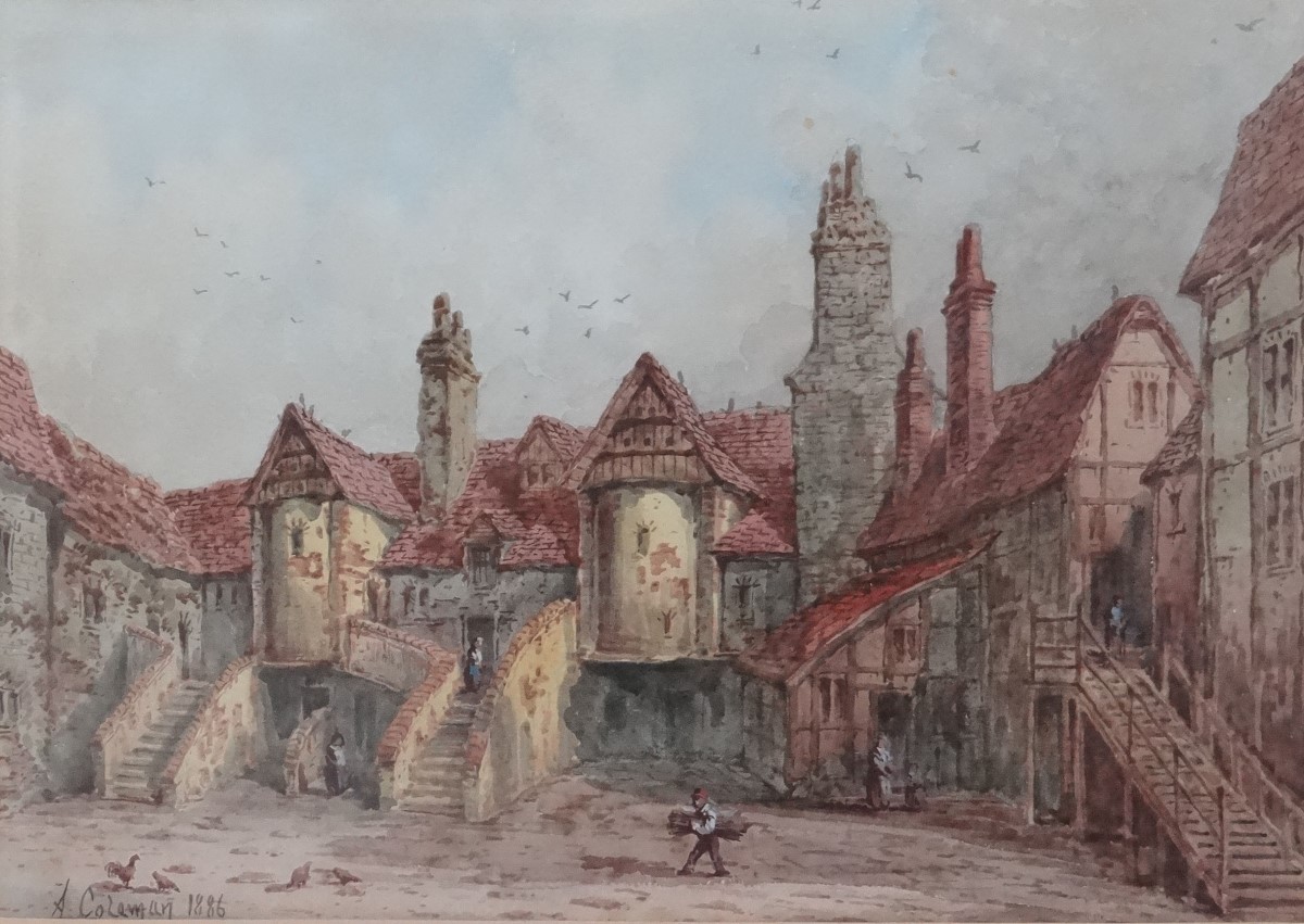 A Coleman 1866, Watercolour, An old Inn with figures, Signed and dated lower left. - Image 2 of 4