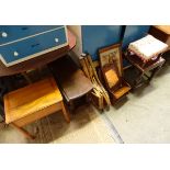 Assorted furniture to include a sewing box, 2 stool, table with lift up lid, drop flap table,