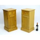 A pair of late 20thC pine bedside tables, both with single short drawer and cupboard.