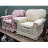 A pair of upholstered armchairs with different covers CONDITION: Please Note - we