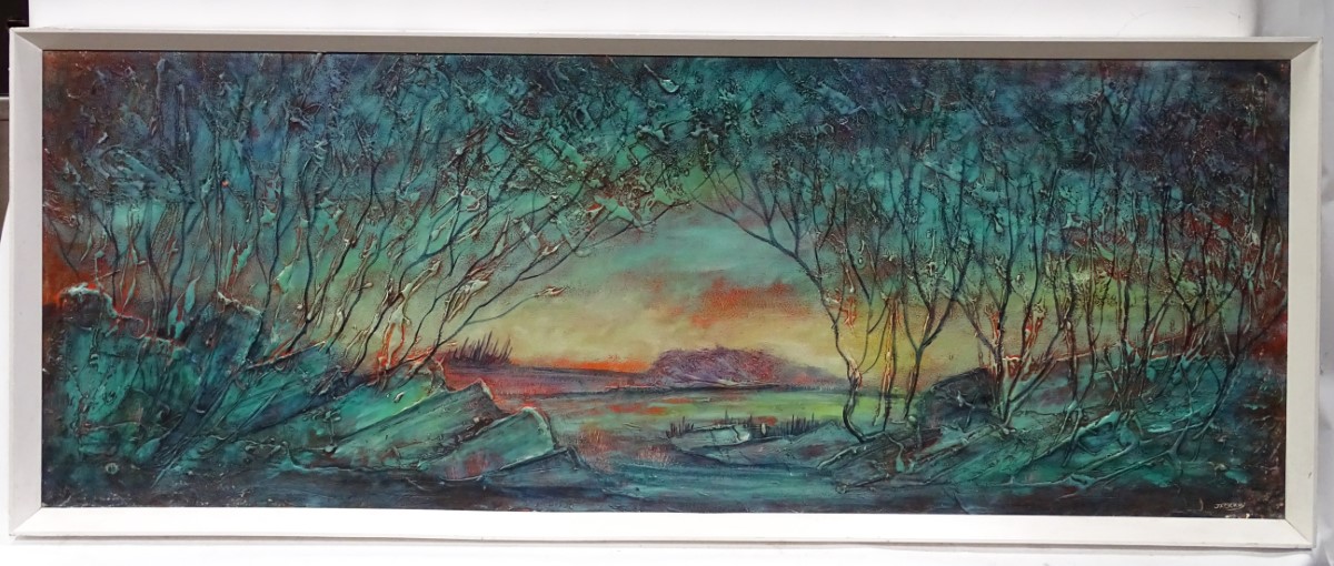 A vintage retro oil on board, view through the trees,